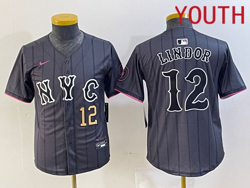 Youth New York Mets #12 Lindor Black City Edition 2024 Nike MLB Jersey style 4